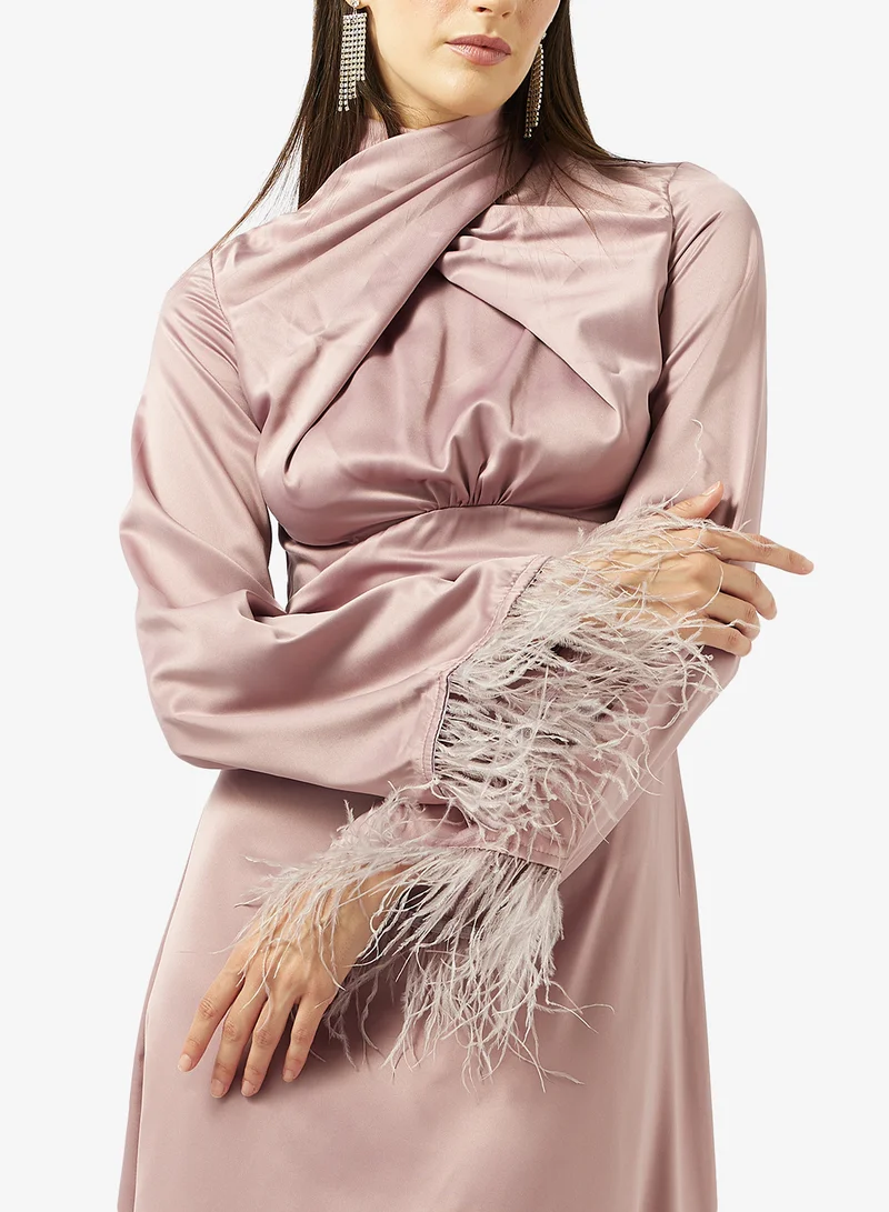 Namshi x  High Neck Evening Gown With Feather Trim for Women | Best Price UAE